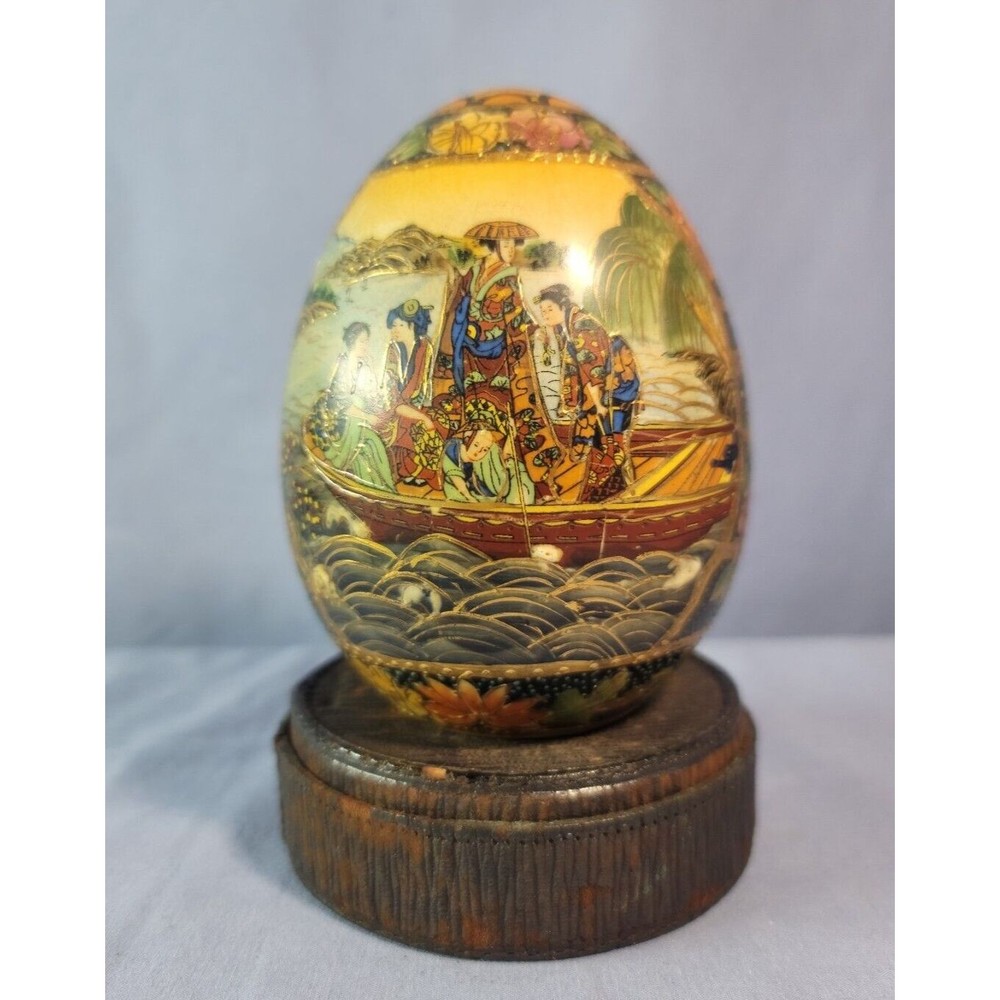 Asian Chinese Egg Oriental Geisha River Vintage Hand Painted Satsuma